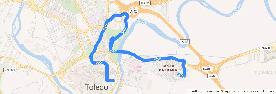 Mapa del recorrido Línea 5: Zocodover → Santa Bárbara de la línea  en Toledo.