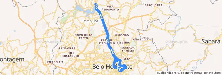 Mapa del recorrido 51: Estação Pampulha <=> Centro <=> Hospitais (direta tarde) de la línea  en Belo Horizonte.