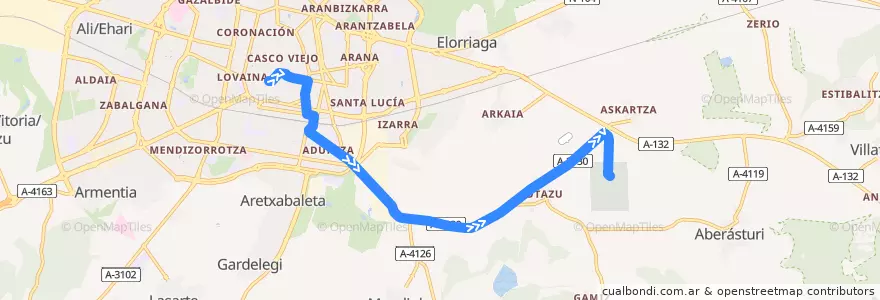 Mapa del recorrido E1 Prado → Cementerio de la línea  en Vitoria-Gasteiz.