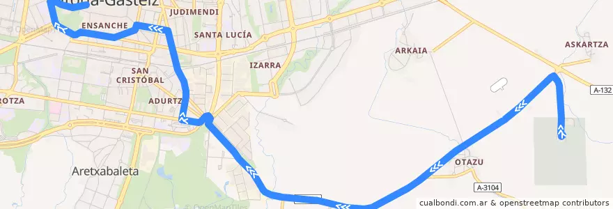 Mapa del recorrido E1 Cementerio → Prado de la línea  en Vitoria-Gasteiz.