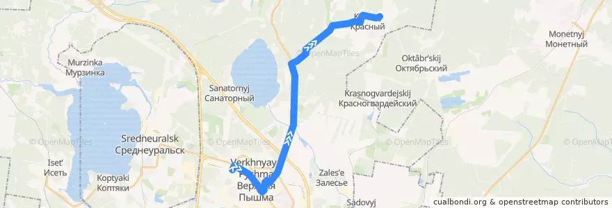 Mapa del recorrido Автобус 104. Верхняя Пышма - Посёлок Красный de la línea  en ヴェルフニャヤ・プィシマ管区.