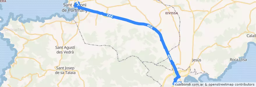 Mapa del recorrido Bus L03: Eivissa → Sant Rafel → Sant Antoni de la línea  en Ibiza.