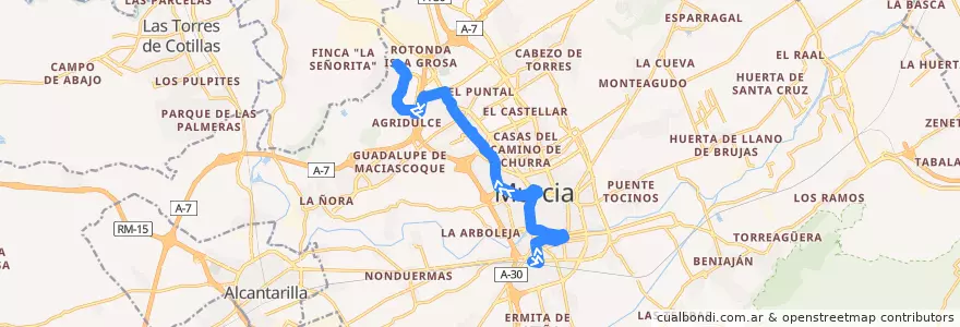 Mapa del recorrido Campus Universitario - Murcia de la línea  en Área Metropolitana de Murcia.