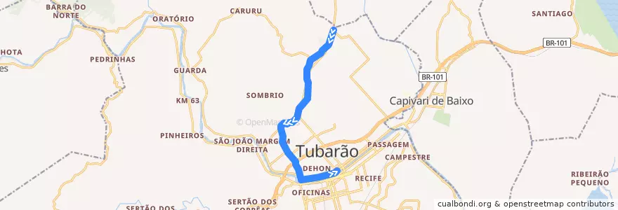 Mapa del recorrido São Martinho Via Unisul de la línea  en Tubarão.