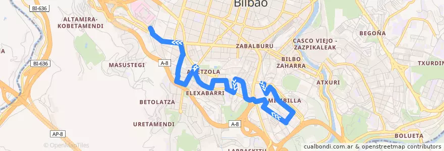 Mapa del recorrido 57 Miribilla → Ospitalea de la línea  en Bilbao.