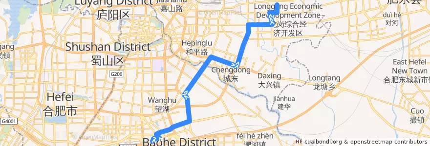 Mapa del recorrido 9路 de la línea  en 合肥市区.