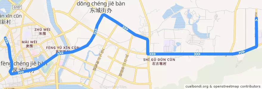 Mapa del recorrido 清远112路公交（西门塘→清远工贸职业技术学校） de la línea  en 清城区 (Qingcheng).