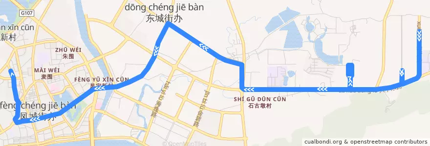 Mapa del recorrido 清远112路公交（ 清远工贸职业技术学校→西门塘） de la línea  en Qingcheng District.