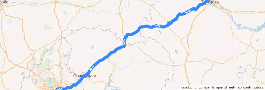 Mapa del recorrido Madrid - Alcalá - Guadalajara - Medinaceli - Calatayud - Zaragoza - Barcelona de la línea  en إسبانيا.