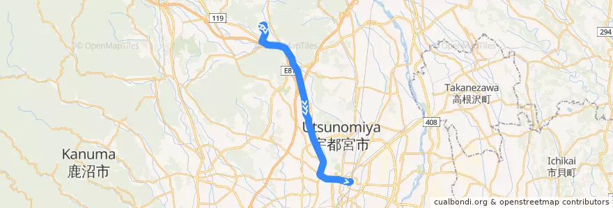 Mapa del recorrido 関東自動車バス[01] 篠井ニュータウン⇒宇都宮駅 de la línea  en Utsunomiya.