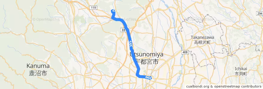 Mapa del recorrido 関東自動車バス[52] 宇都宮駅⇒篠井ニュータウン de la línea  en 宇都宮市.