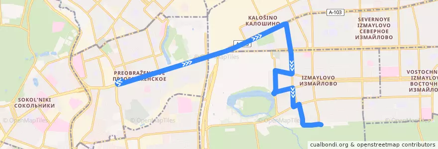 Mapa del recorrido Автобус 34к: Метро «Преображенская площадь» => Метро «Измайловская» de la línea  en Östlicher Verwaltungsbezirk.
