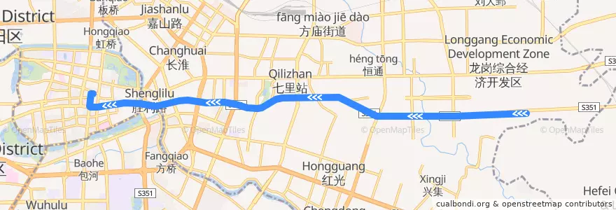 Mapa del recorrido T10路 de la línea  en 瑶海区 (Yaohai).