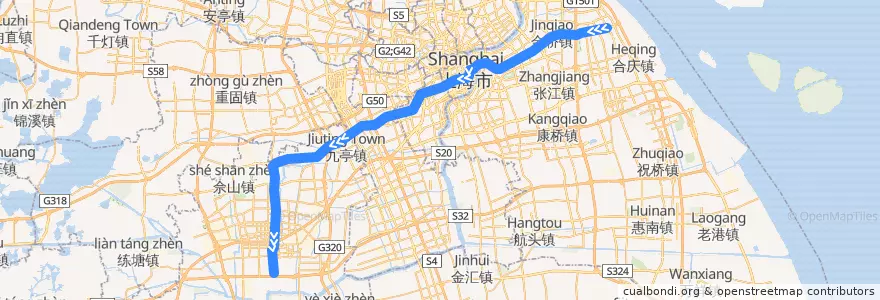 Mapa del recorrido Metro 9号线: 曹路 → 松江南站 de la línea  en Shanghai.