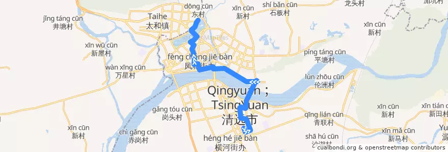 Mapa del recorrido 清远113路公交(市人医（东）→飞来湖总站) de la línea  en Qingcheng District.