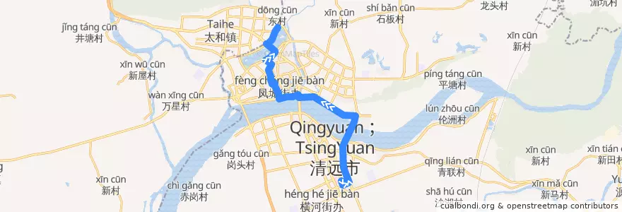 Mapa del recorrido 清远113路公交(飞来湖总站→市人医（东）) de la línea  en Qingcheng District.