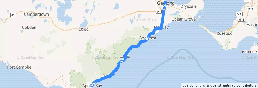 Mapa del recorrido Bus V101: Apollo Bay => Geelong de la línea  en Victoria.