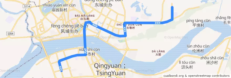 Mapa del recorrido 清远115路公交（胜利茶博城→清远工贸职业技术学校） de la línea  en 清城区.