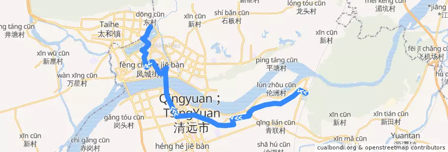 Mapa del recorrido 清远116路公交（飞来湖总站→武广高铁站）via.洲心 de la línea  en 清城区 (Qingcheng).