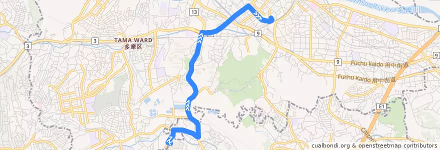 Mapa del recorrido 蔵敷線 聖マリアンナ医科大学 => 向ヶ丘遊園駅 de la línea  en Tama.