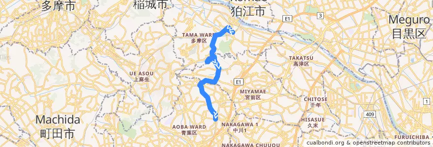 Mapa del recorrido 蔵敷線 向ヶ丘遊園駅 => あざみ野駅 de la línea  en Prefectura de Kanagawa.