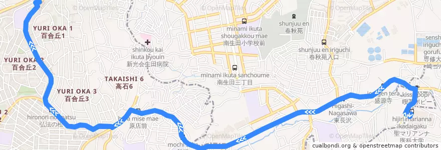 Mapa del recorrido 王禅寺線　聖マリアンナ医科大学 => 百合ヶ丘駅 de la línea  en Kawasaki.