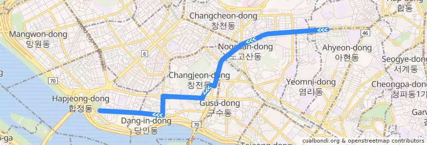 Mapa del recorrido 마포07 (아현초등학교 방면) de la línea  en 마포구.