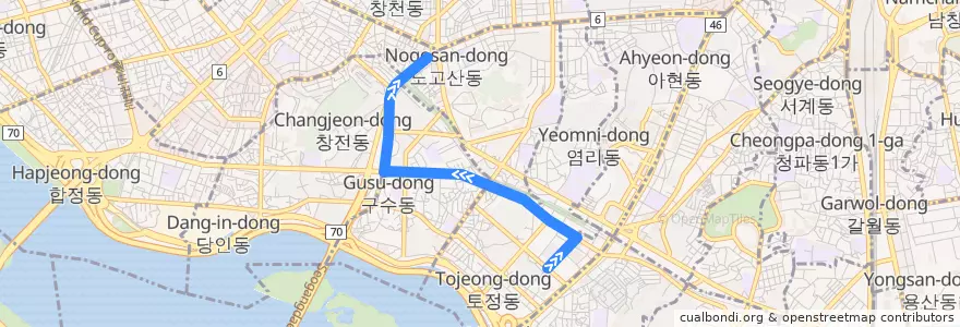Mapa del recorrido 마포11 (신촌지하역 방면) de la línea  en 마포구.