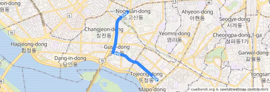 Mapa del recorrido 마포12 (신촌지하역 방면) de la línea  en 마포구.