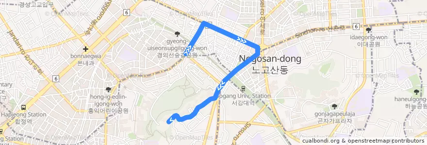 Mapa del recorrido 마포14 (창전삼성아파트 방면) de la línea  en 마포구.