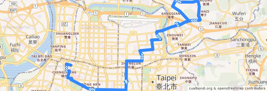 Mapa del recorrido 臺北市 0東 內湖-臺北車站 (往臺北車站不經三總) de la línea  en Taipei.