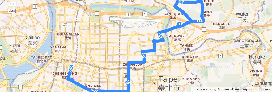 Mapa del recorrido 臺北市 0東 內湖-臺北車站 (往內湖不經三總) de la línea  en 臺北市.