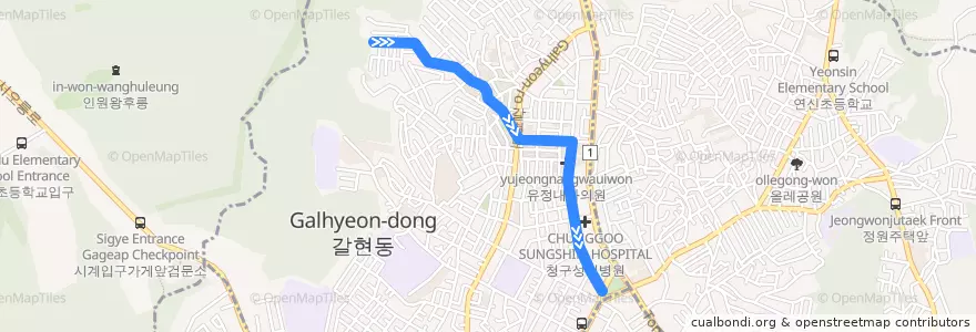 Mapa del recorrido 은평01 de la línea  en 갈현1동.