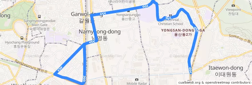 Mapa del recorrido 용산02 (남영역 방면) de la línea  en 용산구.