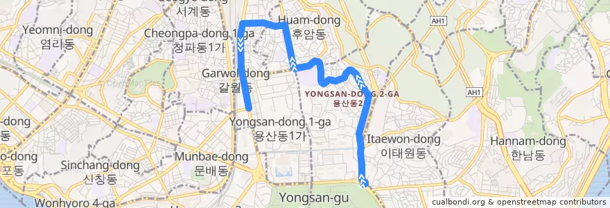Mapa del recorrido 용산02 (한신아파트 방면) de la línea  en Yongsan-gu.