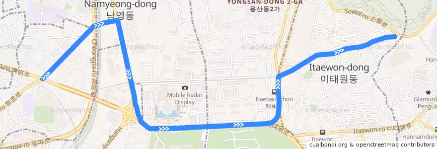 Mapa del recorrido 용산03 de la línea  en 용산구.