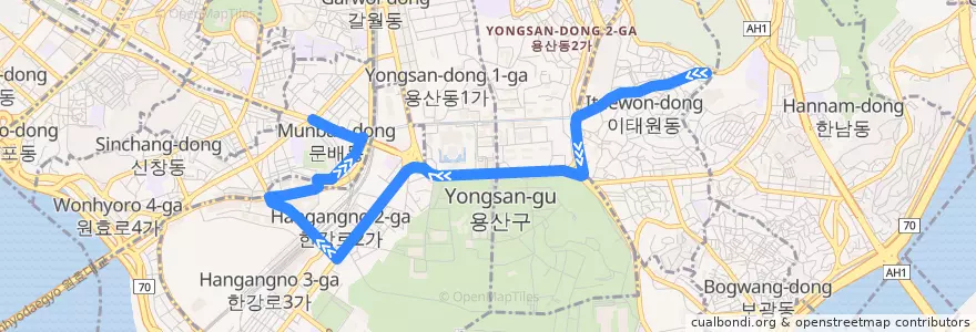 Mapa del recorrido 용산03 de la línea  en 龍山區.