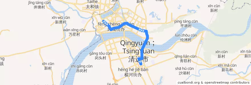 Mapa del recorrido 清远121路公交（万达广场→天湖郦都→市人民医院） de la línea  en 清城区 (Qingcheng).