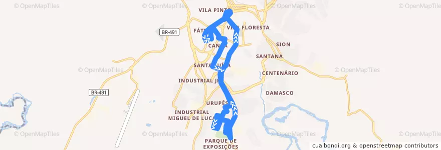 Mapa del recorrido 16 - Jardim Ribeiro/Centro de la línea  en Varginha.