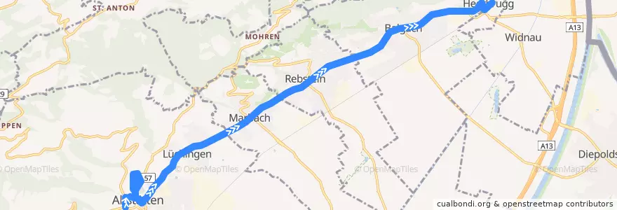 Mapa del recorrido Bus 301: Altstätten SG, Stadt => Heerbrugg, Bahnhof de la línea  en Wahlkreis Rheintal.