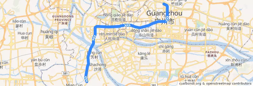 Mapa del recorrido 广州地铁1号线（西塱→广州东站） de la línea  en Cantão.