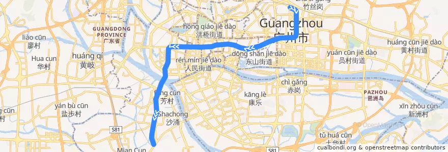 Mapa del recorrido 广州地铁1号线（广州东站→西塱） de la línea  en Гуанчжоу.