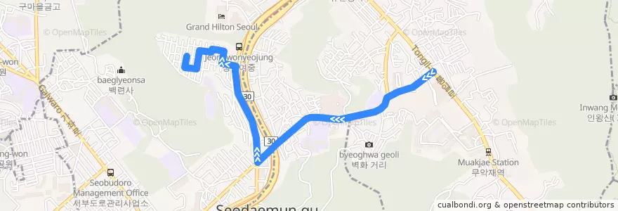 Mapa del recorrido 서대문14 de la línea  en 서대문구.