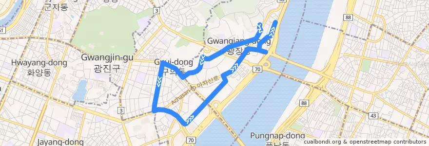 Mapa del recorrido 광진01 de la línea  en 광진구.