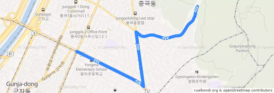 Mapa del recorrido 광진02 de la línea  en Gwangjin-gu.