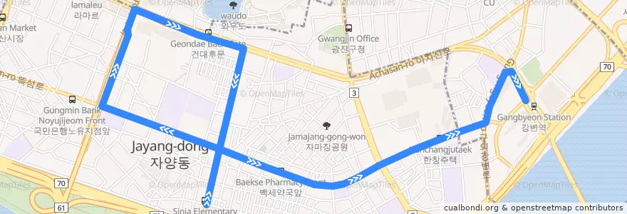 Mapa del recorrido 광진05 de la línea  en 광진구.