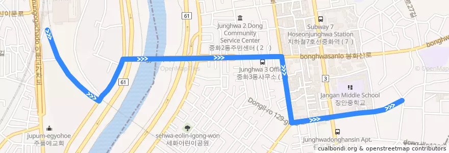 Mapa del recorrido 중랑01 de la línea  en Сеул.
