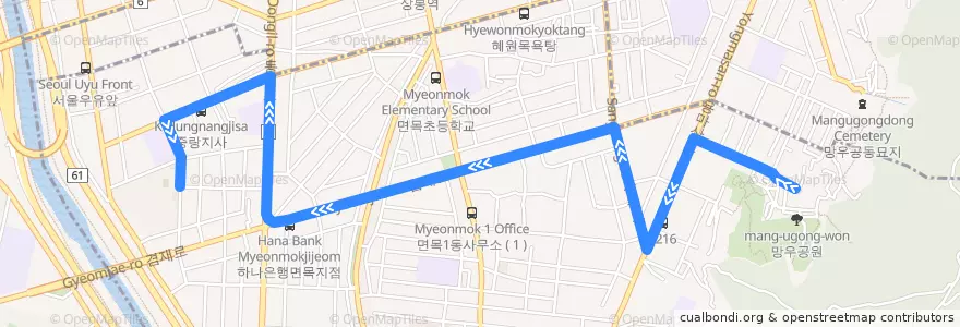 Mapa del recorrido 중랑02 de la línea  en 首尔.