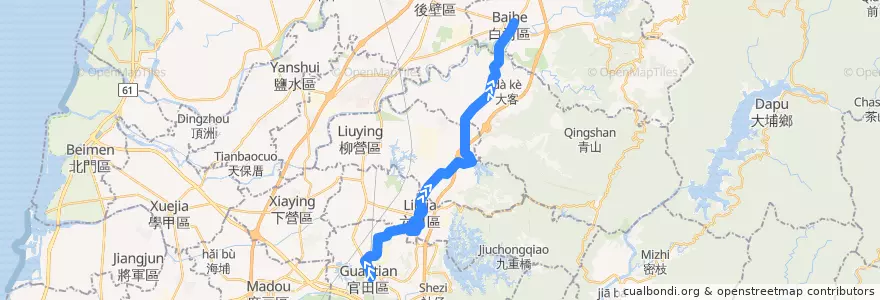 Mapa del recorrido 黃16(往白河_返程) de la línea  en Tainan.