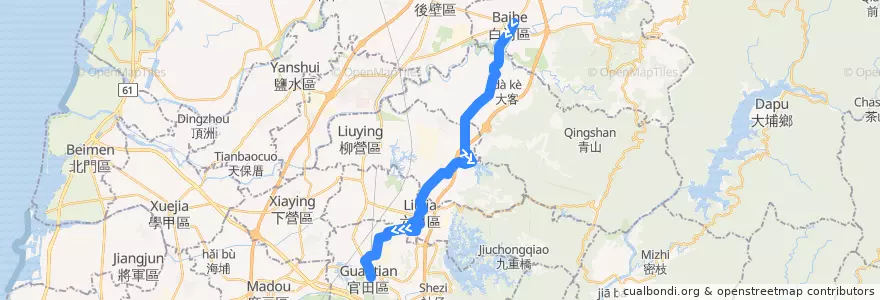 Mapa del recorrido 黃16(往隆田火車站_往程) de la línea  en 臺南市.